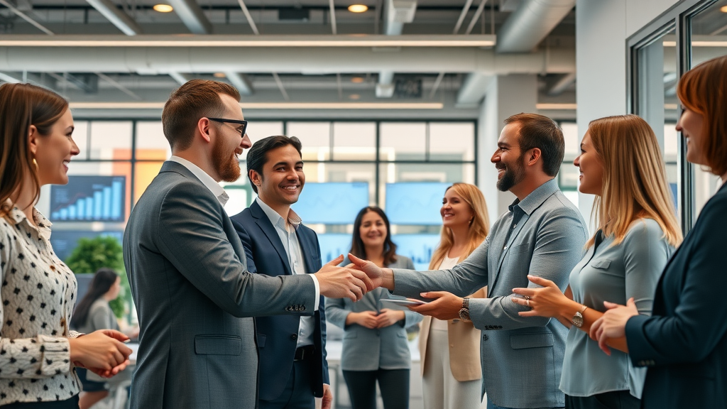 successful boutique real estate agency celebrating new sales, modern open-plan office, digital screens showing sales growth, teamwork in real estate copywriting