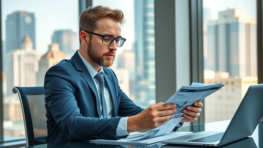 professional real estate agent at a desk focused on copywriting for real estate, modern office, natural daylight, reviewing property brochures