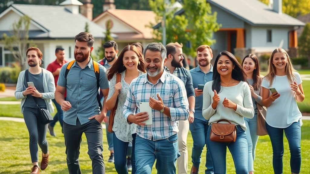diverse group of home buyers touring modern properties, engaged audience in real estate copywriting, suburban and urban properties