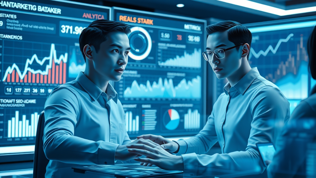 dynamic digital marketing dashboard showing real estate SEO metrics, search engine optimization in real estate copywriting, blue and white digital workspace
