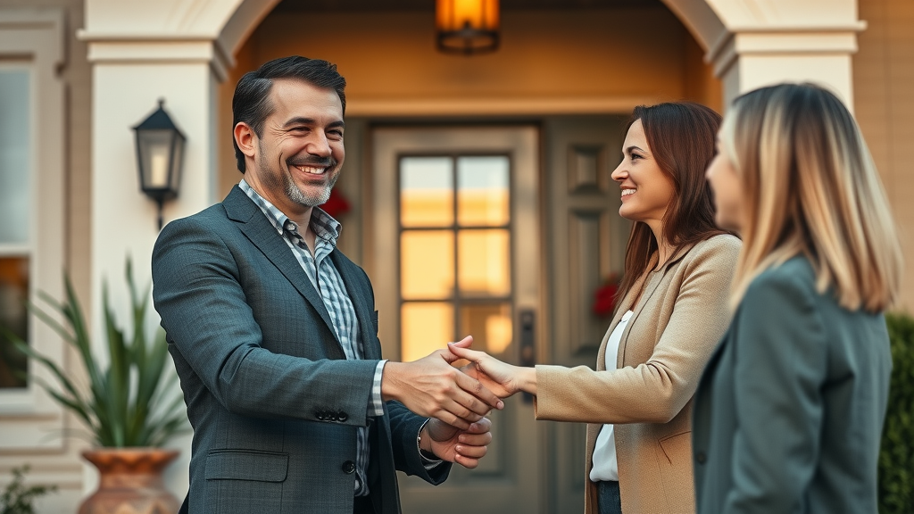 charismatic real estate agent shaking hands with clients in front of a stylish home, trust in real estate copywriting, golden hour lighting